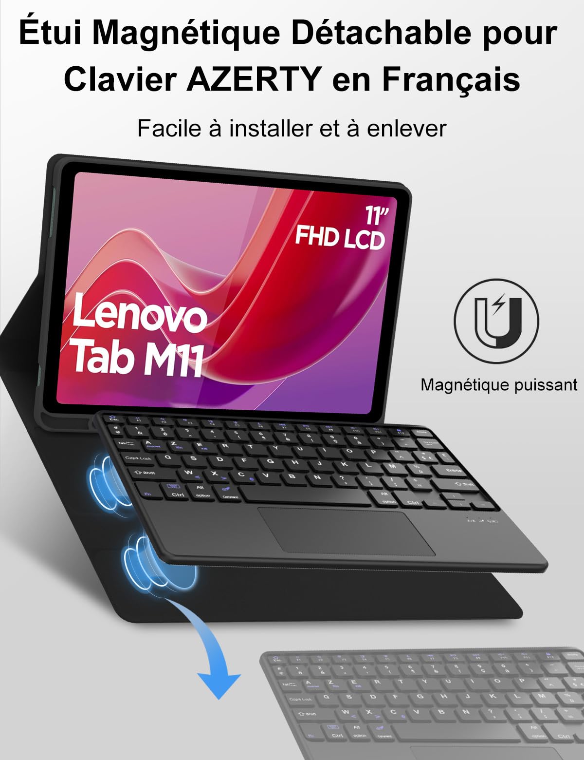 FOGARI Clavier pour Lenovo Tab M11 11" 2024, AZERTY Français Pavé Tactile Clavier Bluetooth sans Fil, Intelligent Housse pour Lenovo Tab M11 Tablette TB-330XU/330FU - Noir