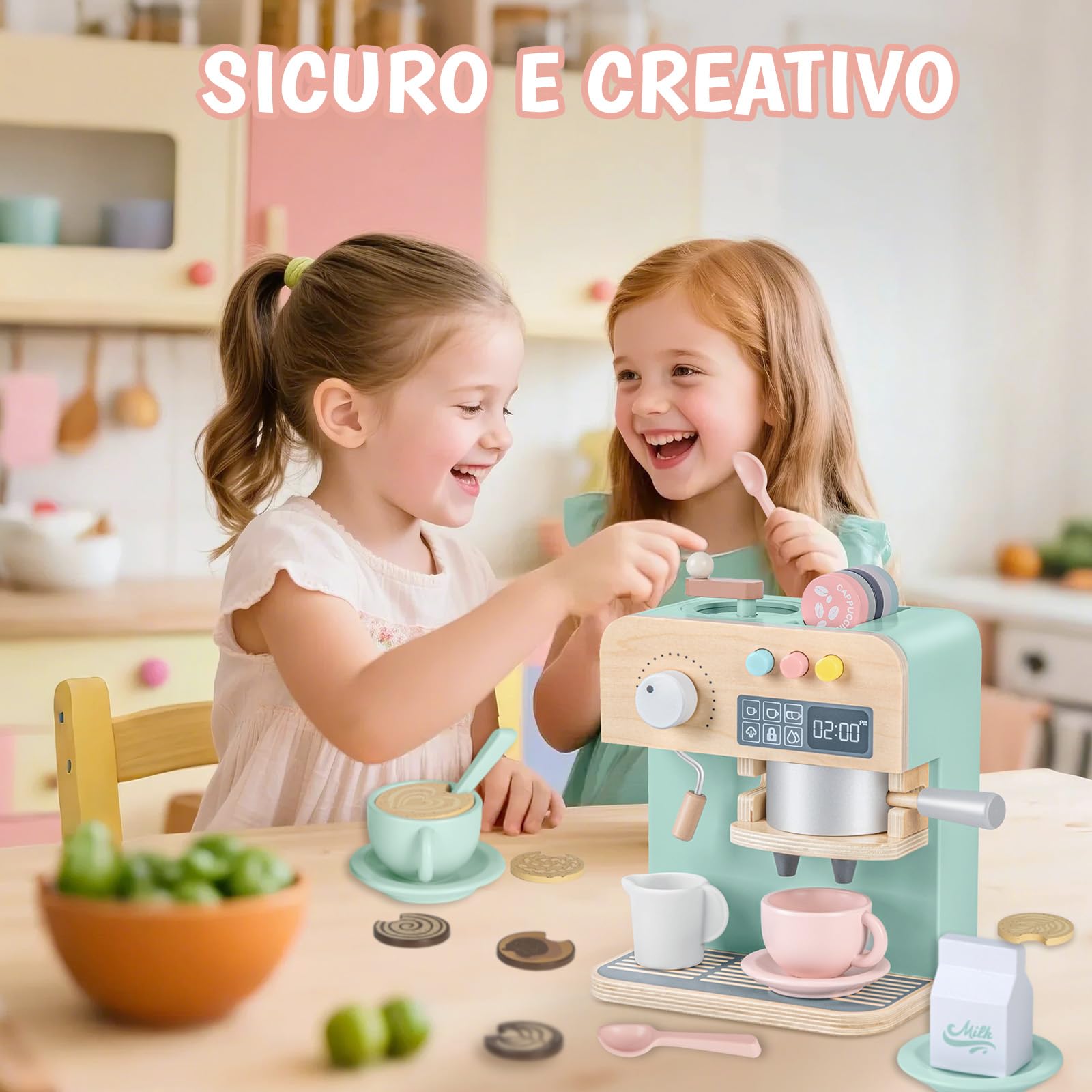 YOOHBERRYS Macchina da Caffè in Legno per Bambini, 22 pezzi Caffettiera in Legno Bambini, Macchina per Caffè Espresso Giocattolo con Macinino, Giocattolo da cucina per bambini 3 + Anni
