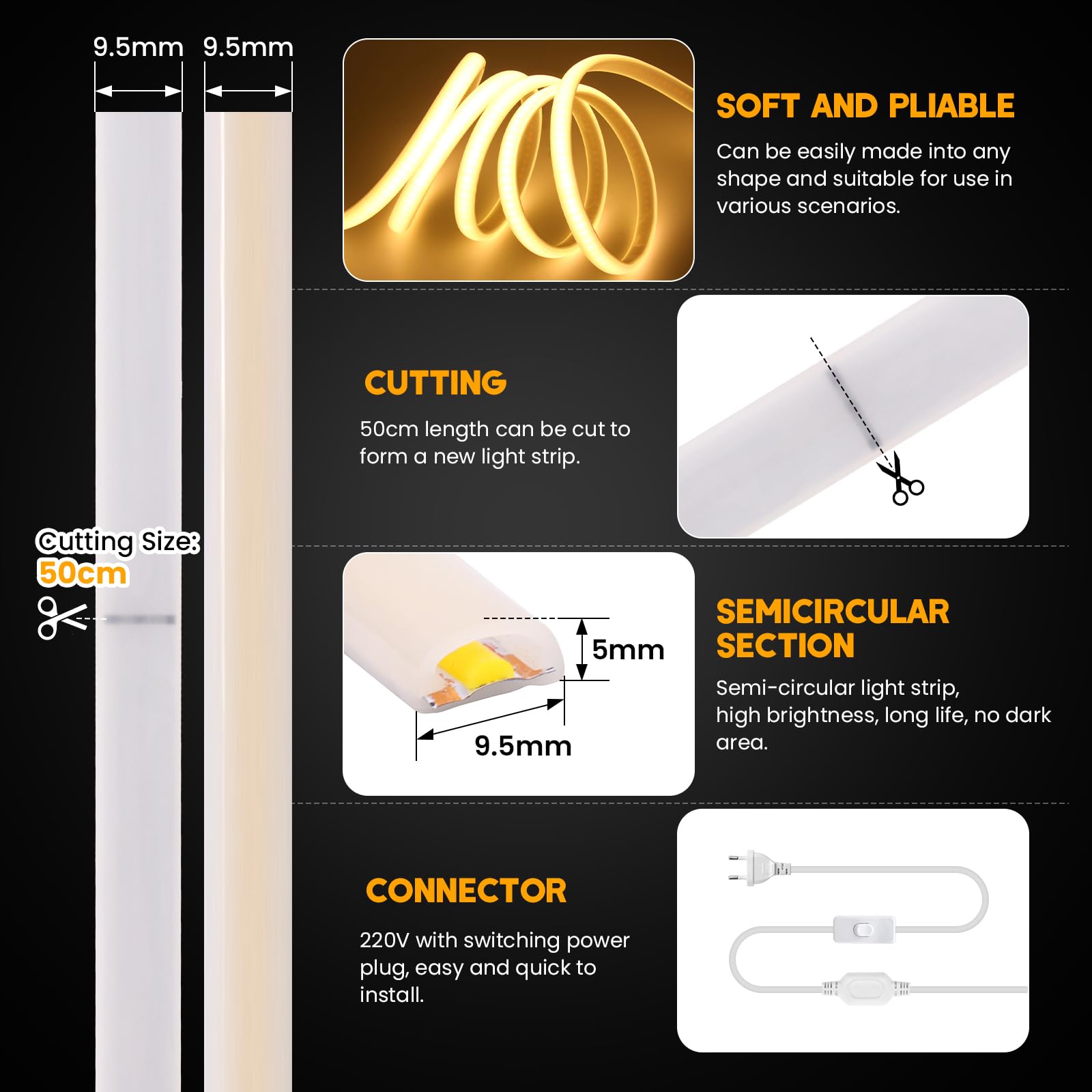 KISUFU Tira LED COB 220V, IP67 Impermeable 288 LED/m Neon Tira de luces LED, 50cm cuttable Flexible Strip para Decoración del Hogar, Cocina, Espejo, Fiesta DIY.