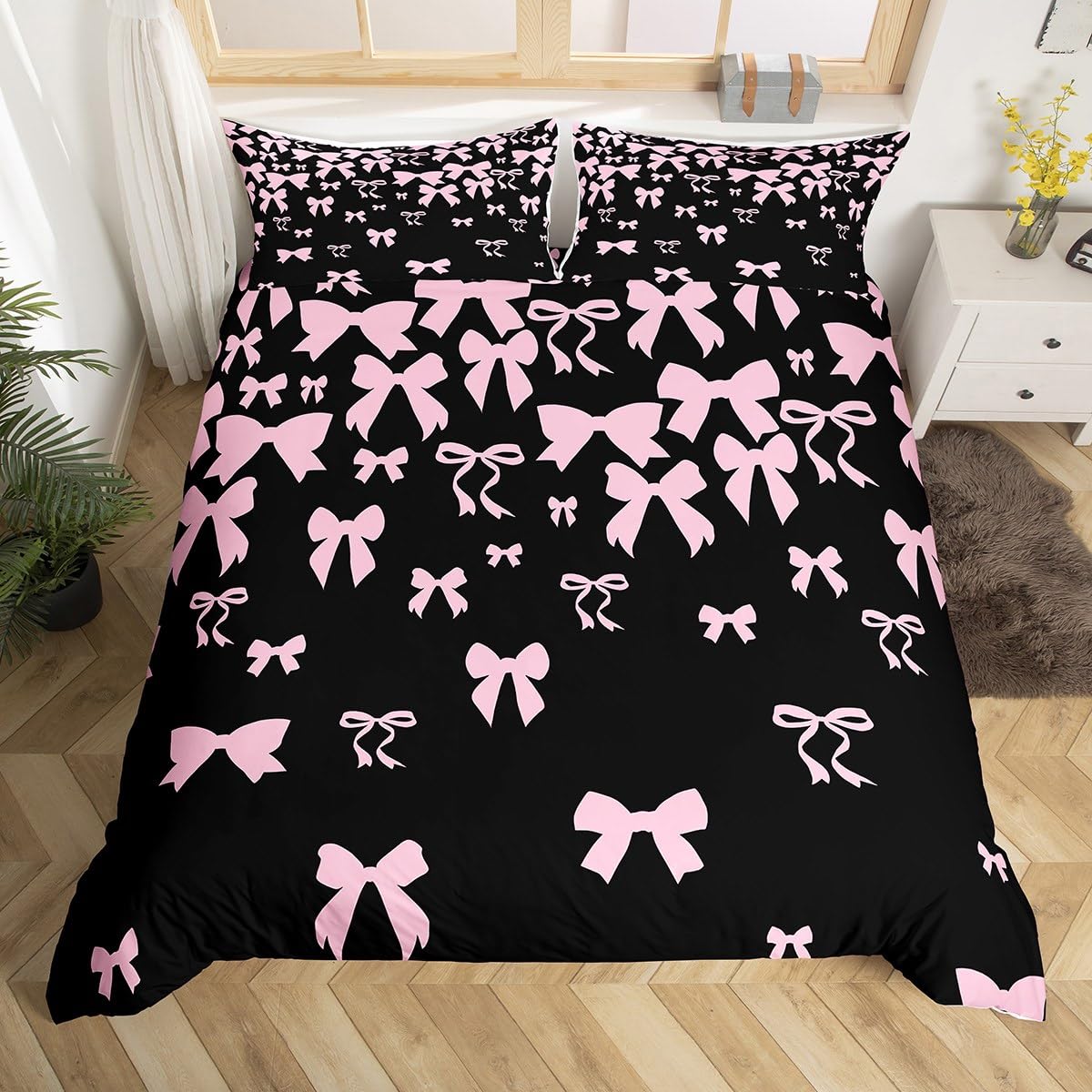 Loussiesd Girls Cute Bow Duvet Cover Watercolor Bowknot Bedding Set King Size for Kids Boys Black Pink Coquette Bowknot Pink Bow Bedroom Decor 3 Pcs with 2 Pillow Cases
