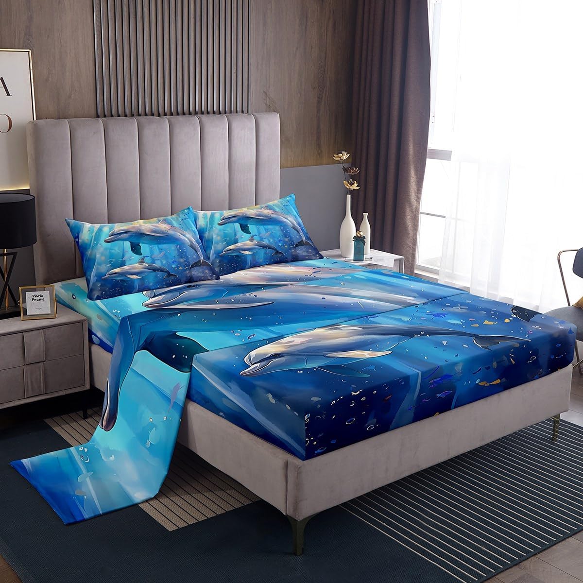 Feelyou Dolphin Sheet Set King Size Kids Cute Ocean Animal Sheets with Deep Pocket Fitted Sheet for Boys Girls Teens Sea Creatures Bed Sheets Set Underwater Animal Bedding Set Jumping Dolphins Bed Set