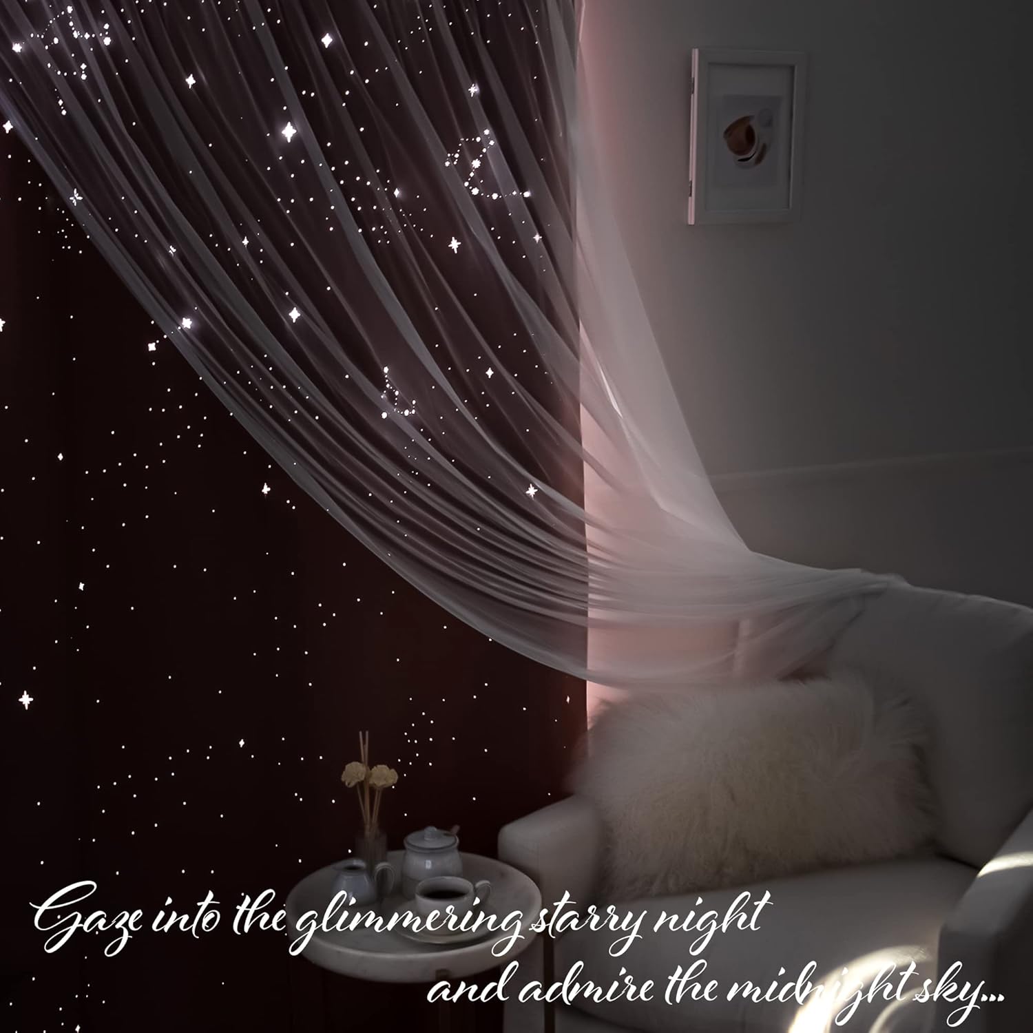 Best Home Fashion Set of 2 Tulle Overlay Blackout Laser Cut Starry Sky Curtain Pair, Silver Grommet Window Panels for Bedroom, Kids Room, Nursery, Thermal Insulated- 52" W x 84" L, Mauve