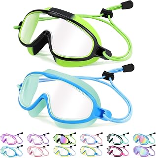 Vvinca Kids swim Goggles for 3-14, Bungee Strap Wide View Anti Fog& UV