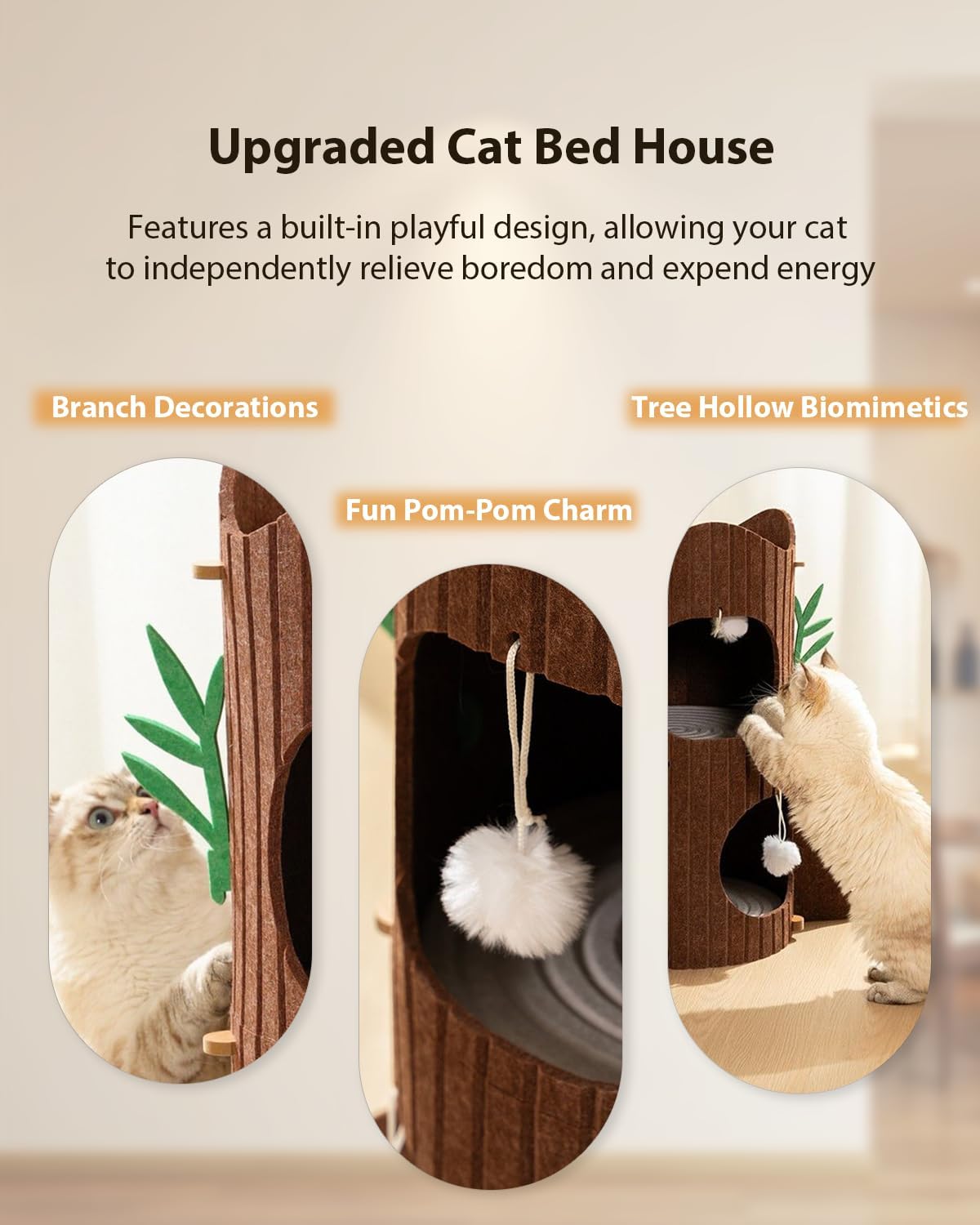 2-Tier Felt Cat House for Indoor Cats, Cat Bed Cave for Multiple Cats Up to 30 Lbs, Scratch Resistant & Foldable Caves for Sleeping and Play With Hanging Toy Ball, Compatible with Heating Pads - Brown