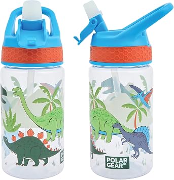 Polar Gear 430ml Kids Bottle with Easy Open Flip Cap - BPA Free, Spill-Proof Soft Spout, Secure Screw Cap Closure, Suitable for Ages 48 Months and Up - Dinosaur, Blue