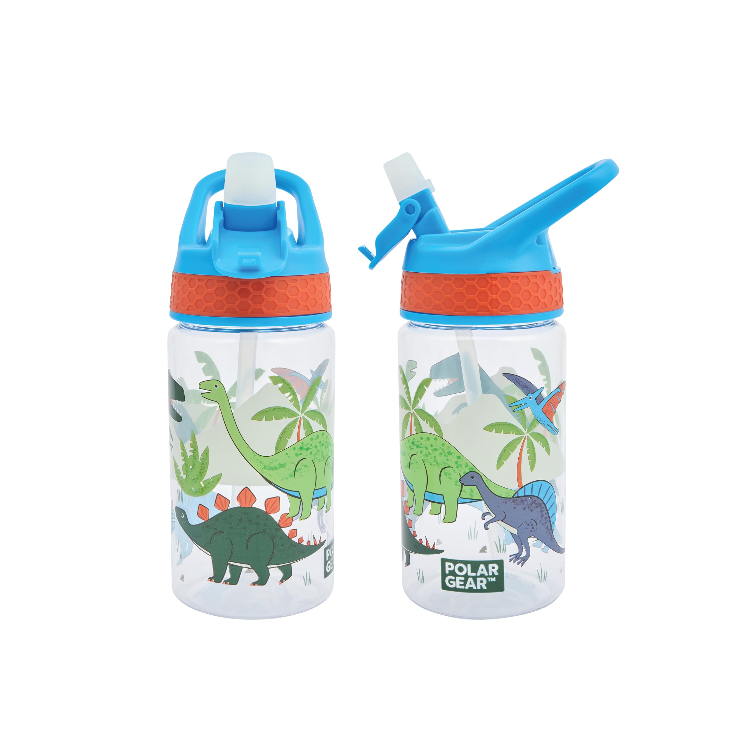 Polar Gear 430ml Kids Bottle with Easy Open Flip Cap - BPA Free, Spill-Proof Soft Spout, Secure Screw Cap Closure, Suitable for Ages 48 Months and Up - Dinosaur, Blue โ image 1
