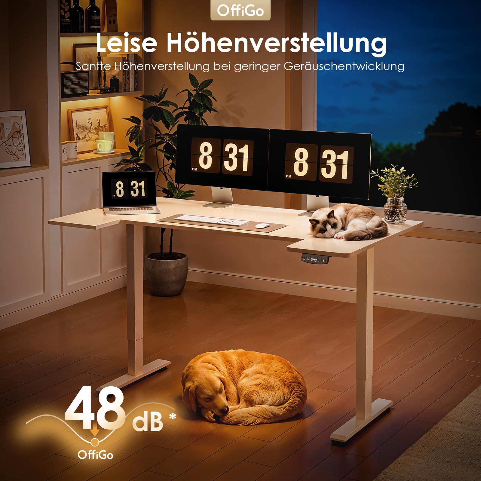 OffiGo U-förmiges Höhenverstellbarer Schreibtisch, 140 x70 cm, Elektrischer Steh-Sitz Tisch, Standing Desk, Home Office Computertisch, Memory Funktion, Leiser Motor, Weiß