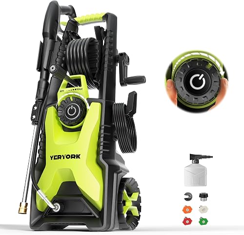 Yeryork Adjustable 2400 PSI Pressure Washer,2.5 Max GPM Power Washer with 33 FT Retractable Hose Reel, Stainless Steel Lance, 500ml Foam Cannon, 4-Nozzle Set, Washer for Cars, Fences, Patios
