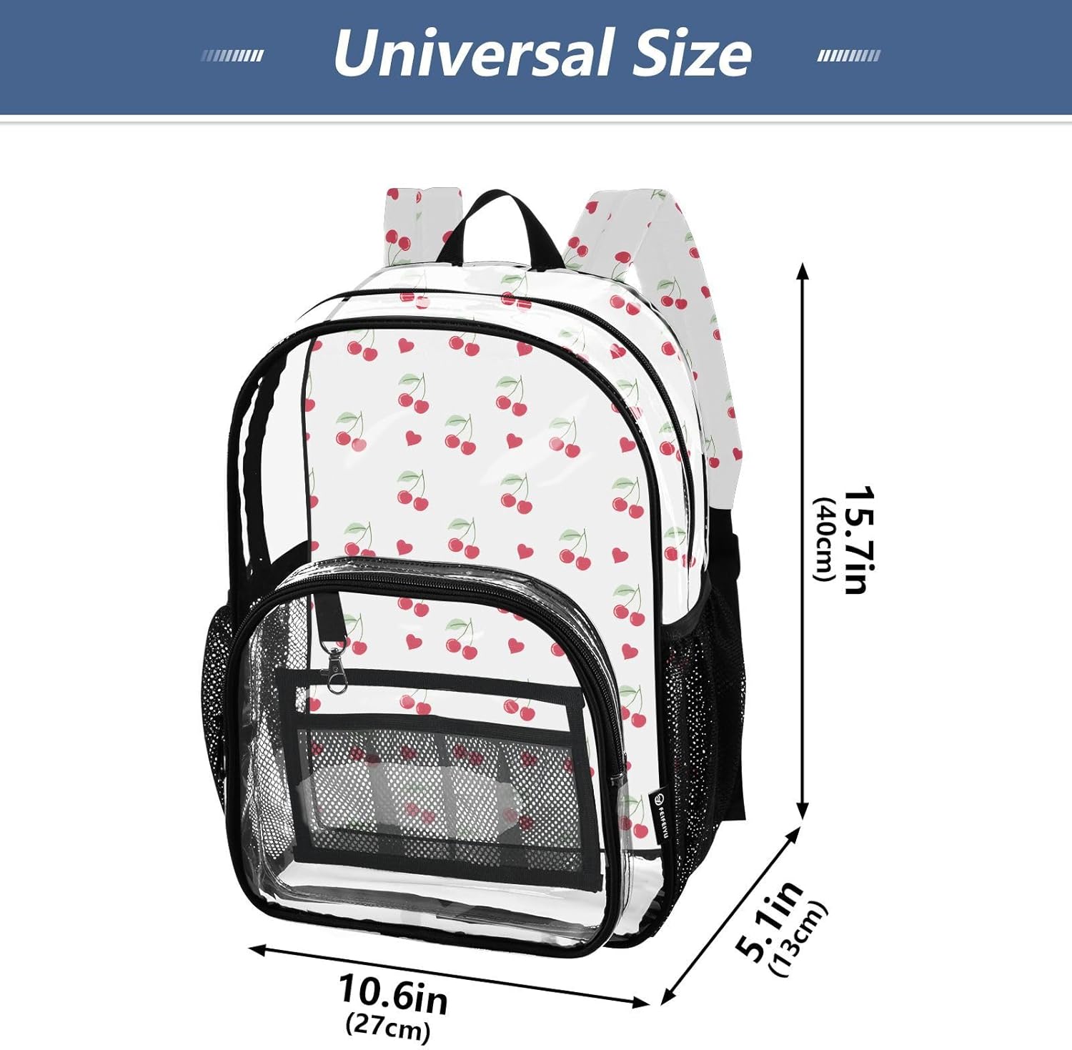 Cherry Heart Fruit White Clear Backpack Heavy Duty See Through Transparent PVC BookBag for Kids Boy Girl Adult School Work