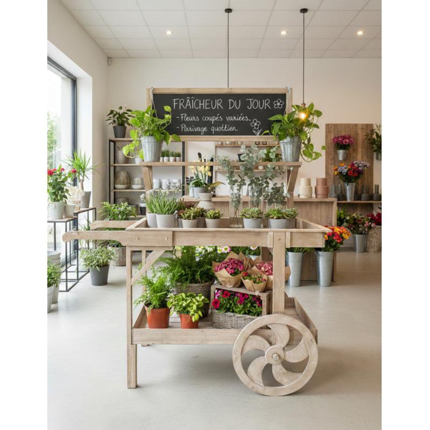 AUBRY GASPARD - Chariot en Bois Finition Antique - Pin - L 112 x H 144 x P 59 cm - Roues en Bois - Livré en Kit - Idéal comme Présentoir Statique - Élément de Décoration Jardin ou Terrasse