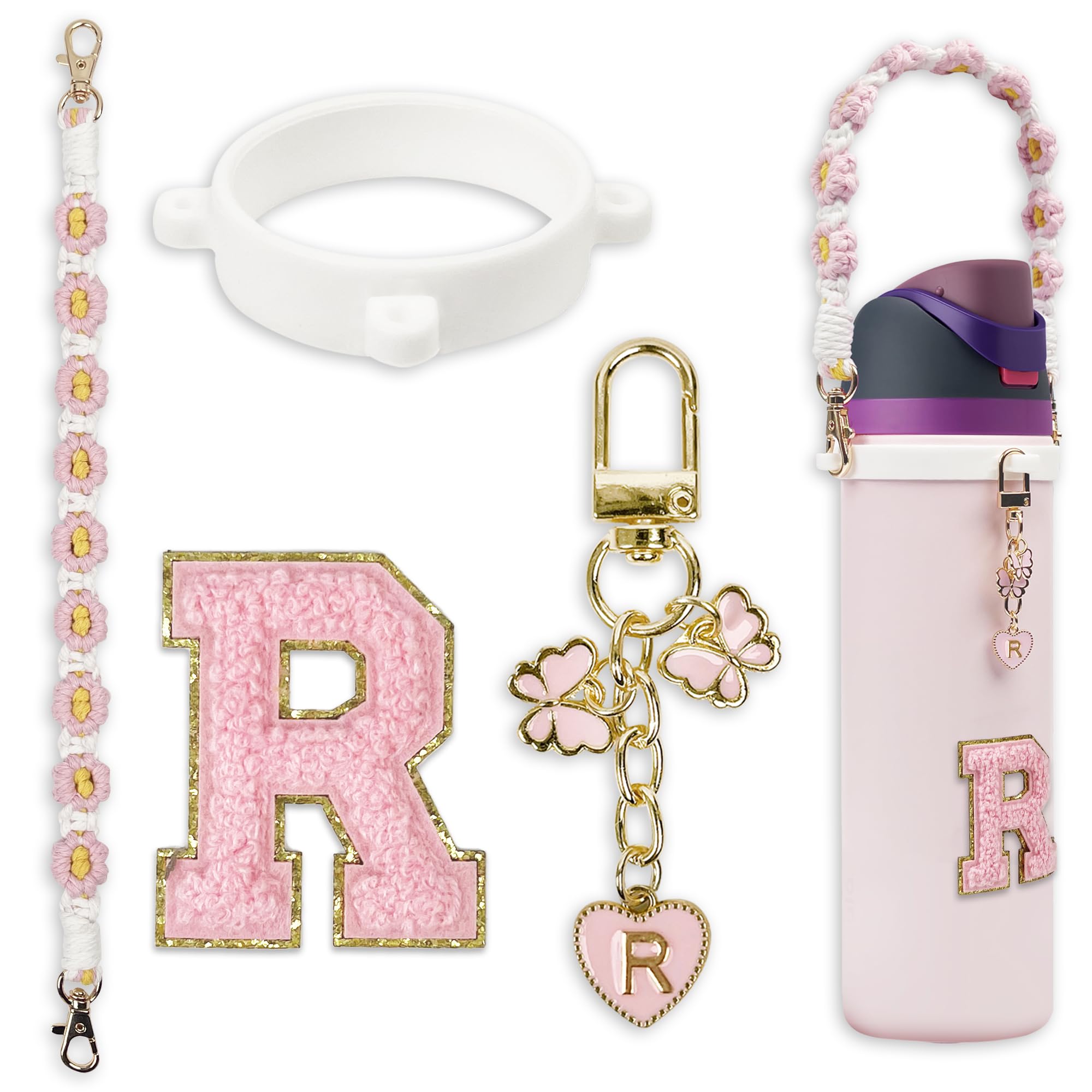 Cute Letter Charm Set Compatible with Owala Water Bottle 24 oz, 32 oz, 40 oz, Owala Kids, Owala Coffee Tumbler, Owala FreeSip – Includes Handle Strap,