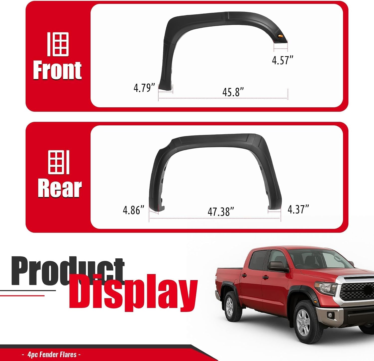 4 Set Fender Flare Compatible with 2014-2021 Toyota Tundra, Front & Rear Fender Flares w/Light Plastic(PP) Textured Black 3PCS Per Wheel Flares Vent Trim