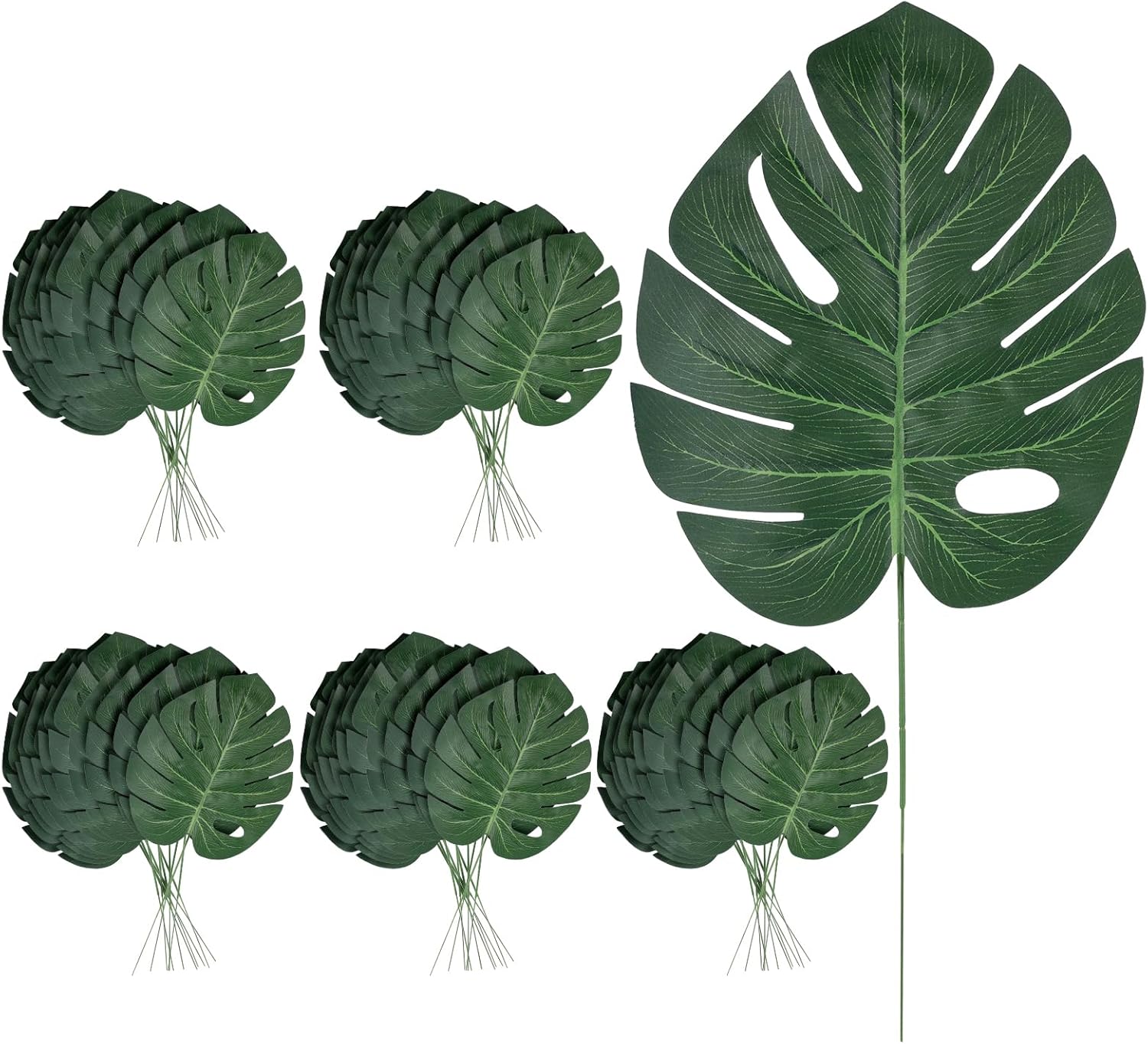 60 Pcs Artificial Monstera Leaves, 16" Faux Tropical Monstera Stems, Lifelike Fake Greenery for Wedding Decor, Jungle Party, Home Staging, Vase Fillers, No Maintenance