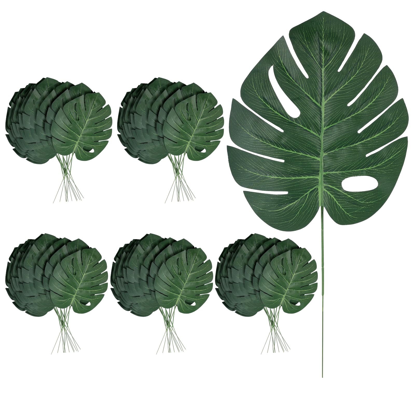 Photo 1 of Mori Mengye 48 Pcs Artificial Monstera Leaves, 16" Faux Tropical Monstera Stems, Lifelike Fake Greenery for Wedding Decor, Jungle Party, Home Staging, Vase Fillers, No Maintenance