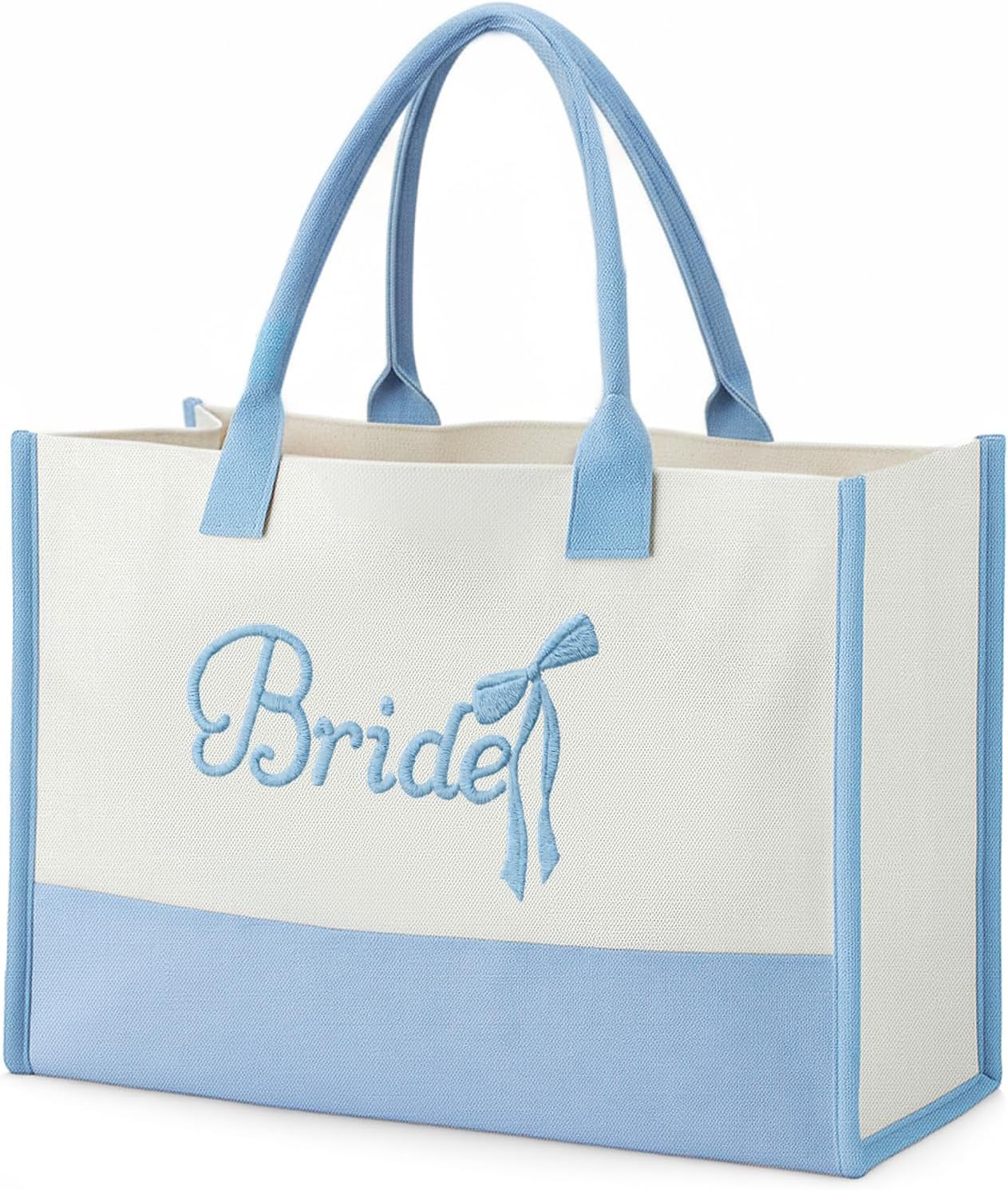 Tote Bag for Mom Bridal Embroidery Canvas Tote Bag with Bow Rose for Wedding Mom Day Bridal Shower, Blue, Pink