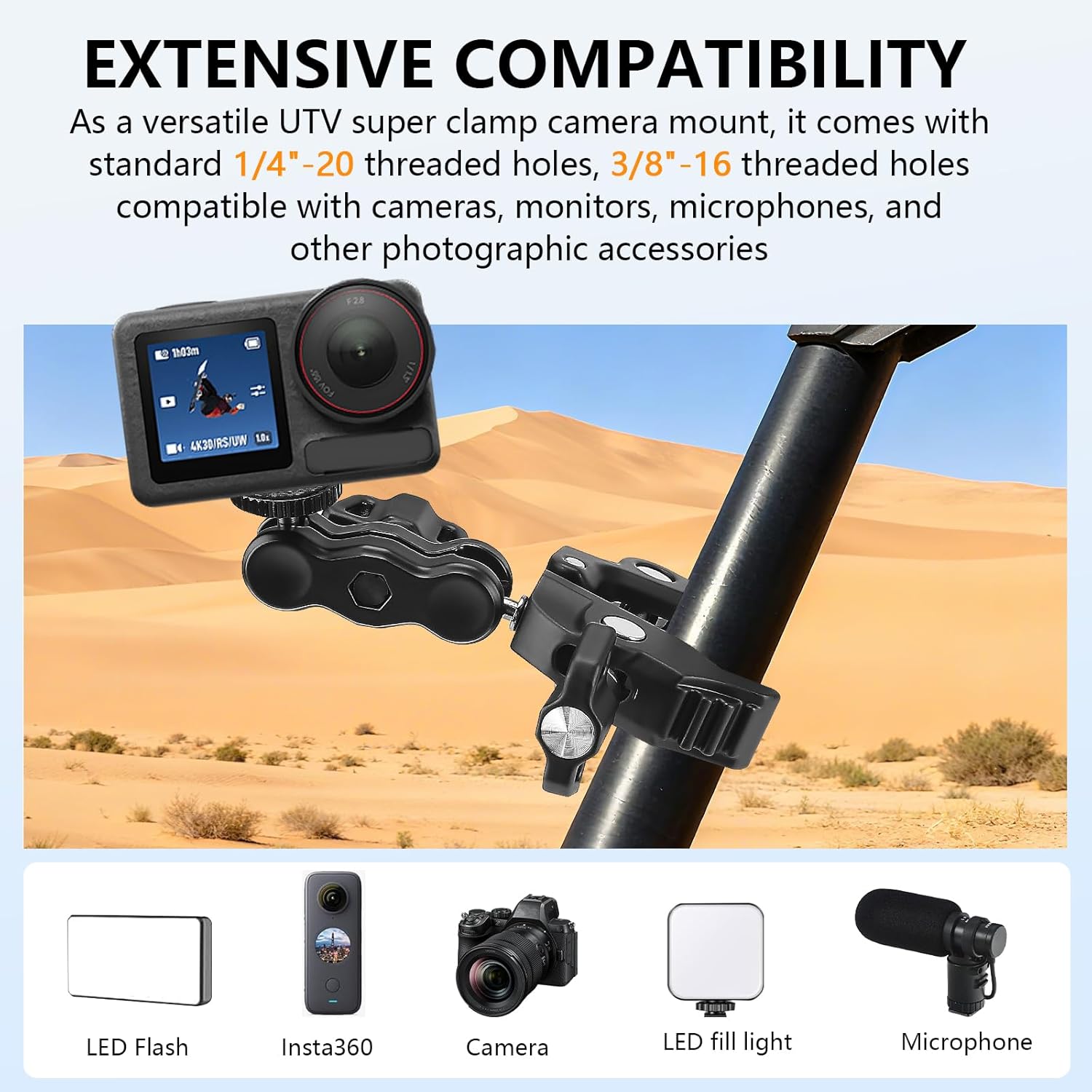 Chelhead Adjustable Phone Camera Holder, 1/4"-20 & 3/8"-16 Threads Universal Tube Mount Fits Up to 3'' Roll Bar Compatible with LED Lights, DSLR Camera, Gopro, Ronin-M, MOVI, Insta360, Tripod/Desk