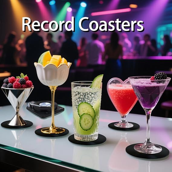 Funny Retro Record Coasters for Drinks with Vinyl Player Holder,Novelty 6 Pieces Vinyl Disk Coasters for Drinks,Bars,Party,Birthday Gifts for Music Lovers,Home Decor (Classic style)