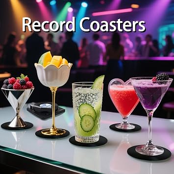 Funny Retro Record Coasters for Drinks with Vinyl Player Holder,Novelty 6 Pieces Vinyl Disk Coasters for Drinks,Bars,Party,Birthday Gifts for Music Lovers,Home Decor (Classic style)