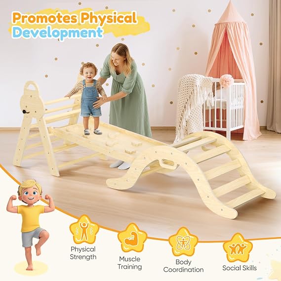 7 in1 Toddler Climbing Frame, Wooden Climbing Tripod Set, with Climbing Frame, Soft Cushion, Montessori Climbing Fitness Set, for Children Aged 1-3 Indoor and Outdoor Use (Wood tone)