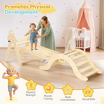7 in1 Toddler Climbing Frame, Wooden Climbing Tripod Set, with Climbing Frame, Soft Cushion, Montessori Climbing Fitness Set, for Children Aged 1-3 Indoor and Outdoor Use (Wood tone)