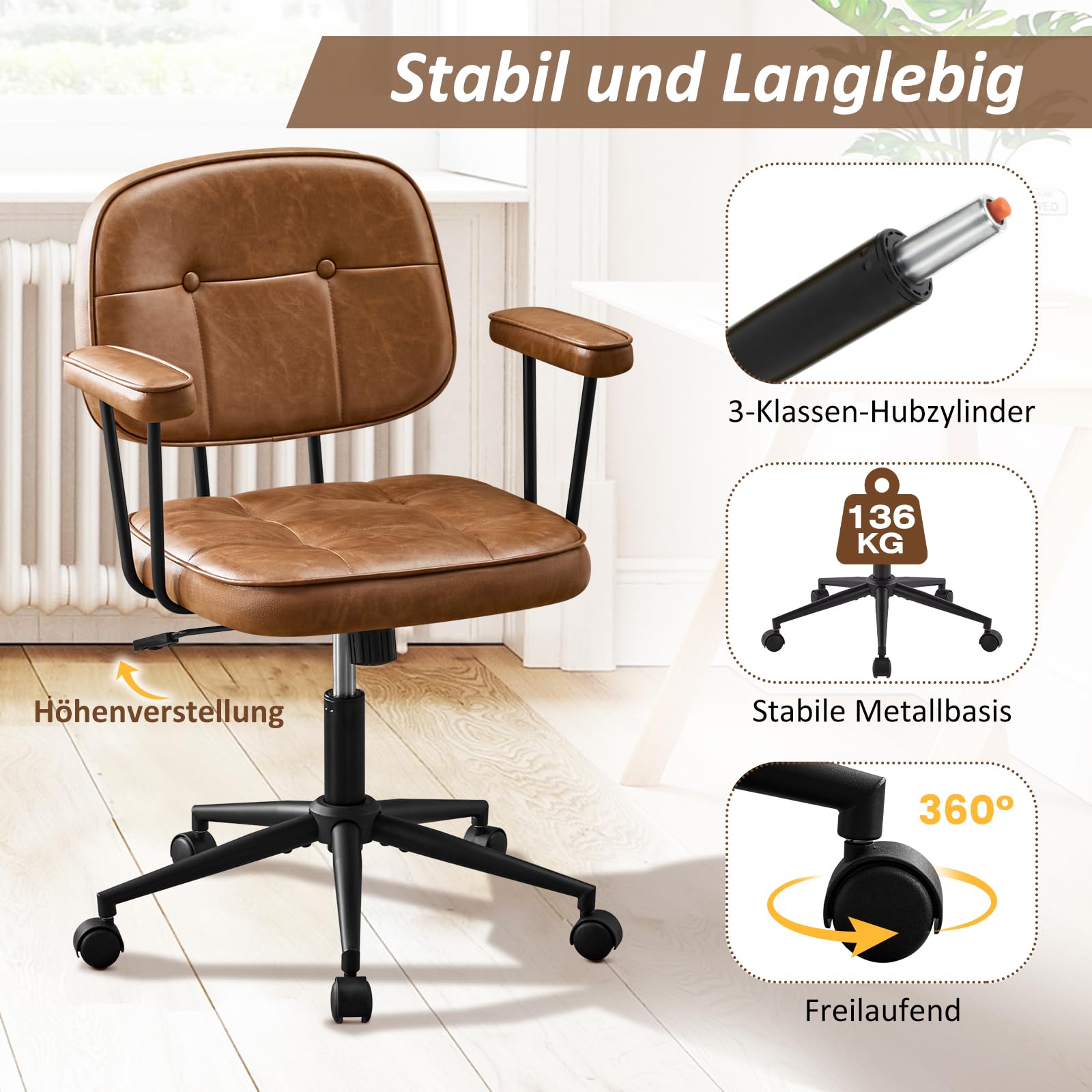 Hellove Schreibtischstuhl Bürostuhl Ergonomisch mit Armlehnen PU Leder 360° Drehstuhl Höhenverstellbarer Computerstuhl für Arbeitszimmer Homeoffice Büro Wohnzimmer Schlafzimmer, Braun