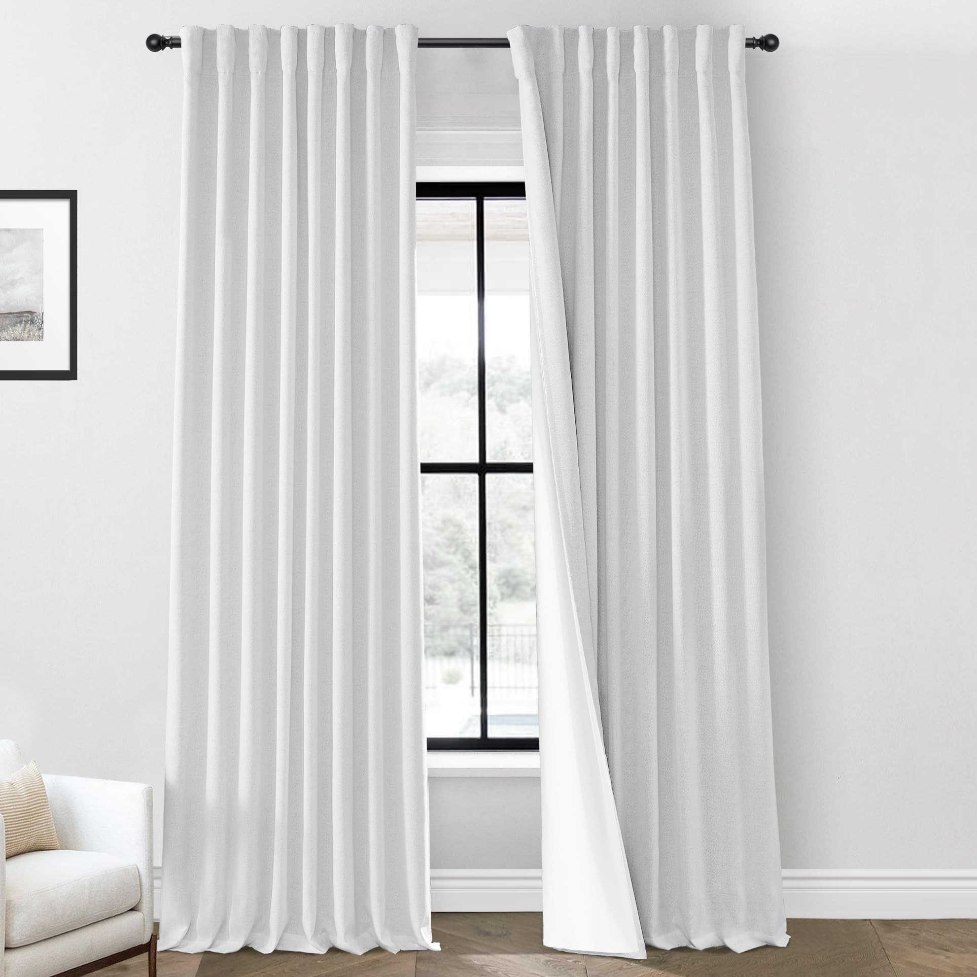 PANELSBURG White Curtains 100 Inches Long for Living Room,2 Panels Set Blackout Pleated Back Tab Room Darkening Faux Linen Cotton Look Drapes for Bedroom,52x100 Inch Length