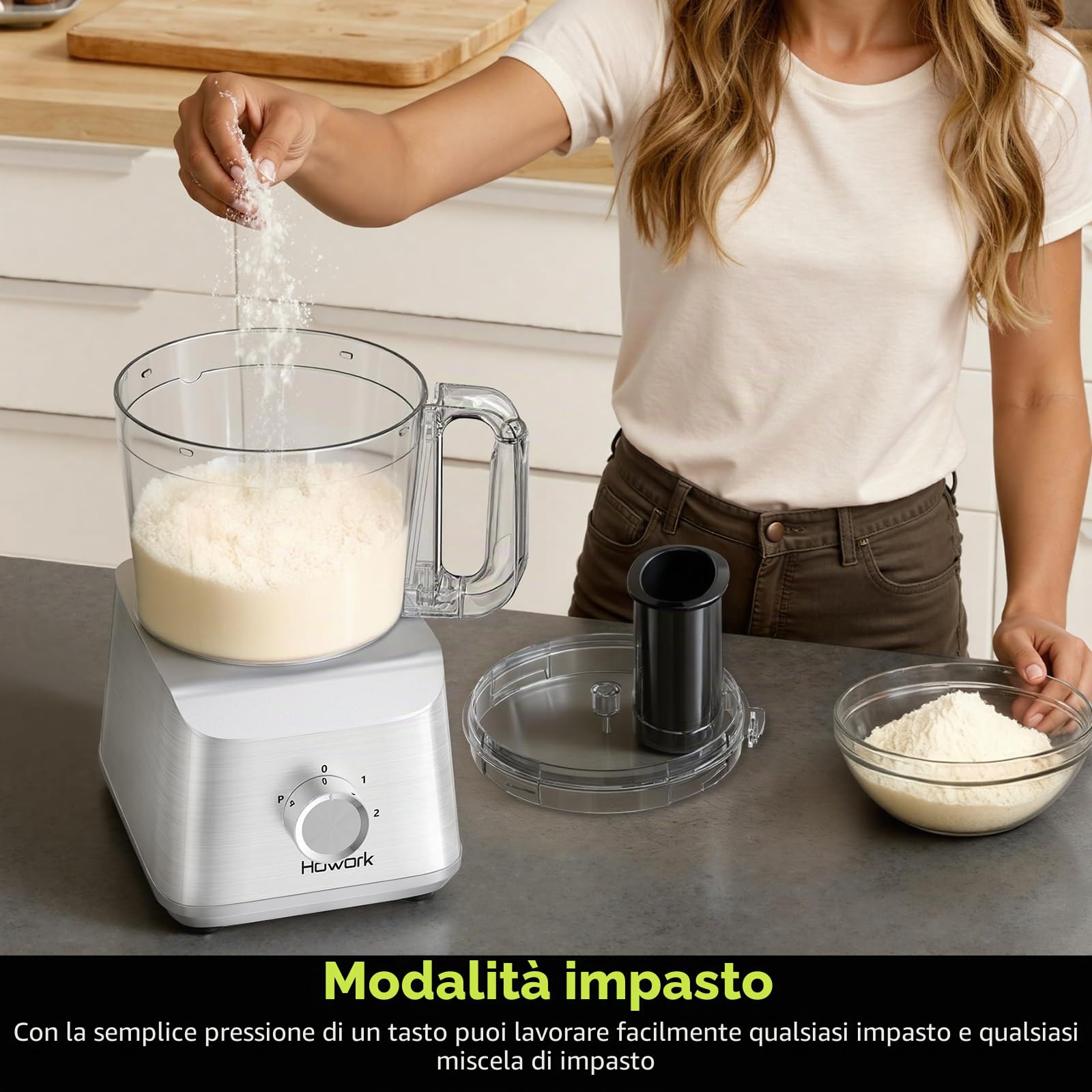 Howork Robot da Cucina multifunzione 1500W, Multifunzione di Grande Capacità, Per Tritare, Affettare, Sminuzzare, Tritare, Frullare, Sminuzzare,Farcire e Impastare, Acciaio Inox Argenteo