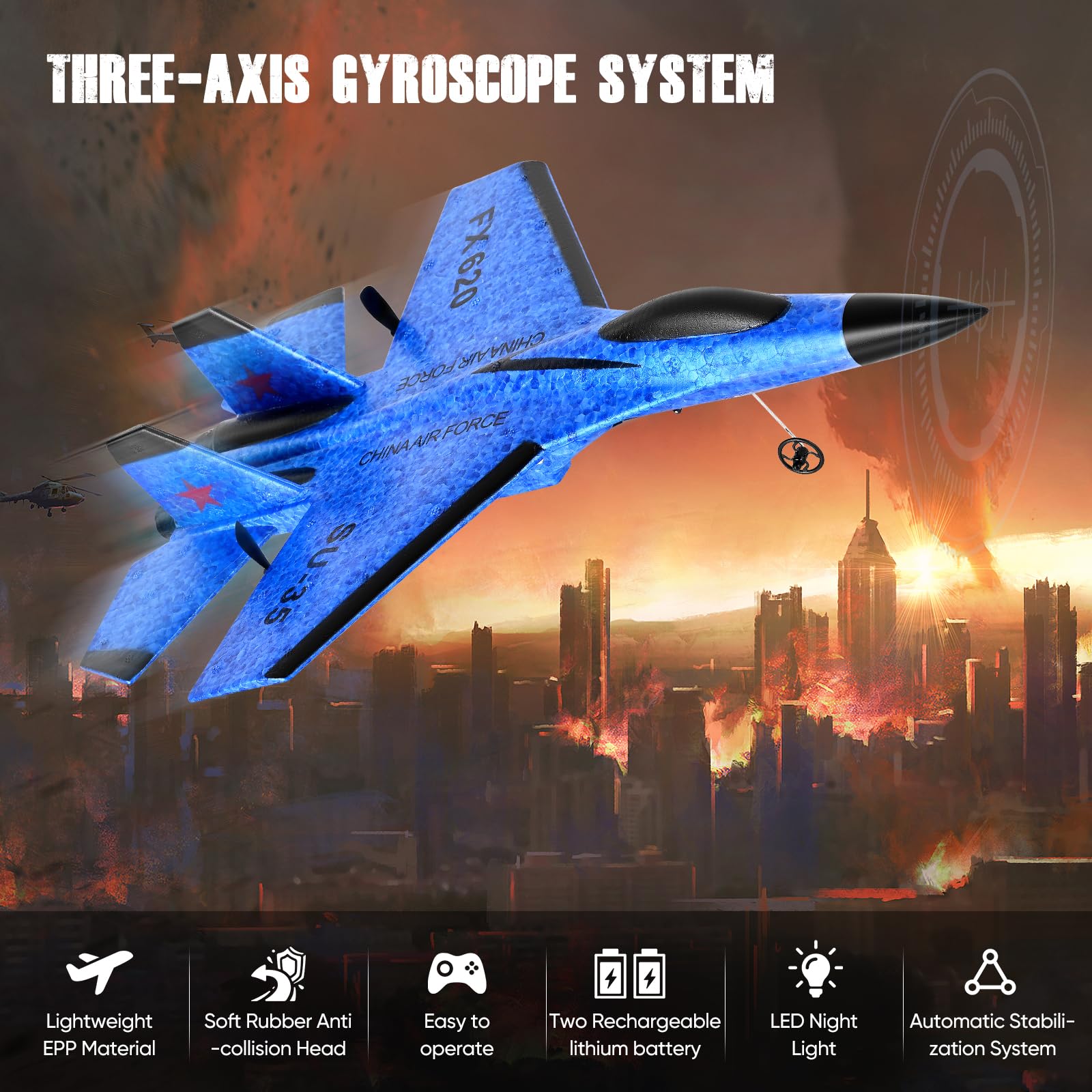 Avion Télécommandé 2.4 GHz RC, 2 Modes Démarrage, Gyroscope 3 Axes, LED, USB, Bleu