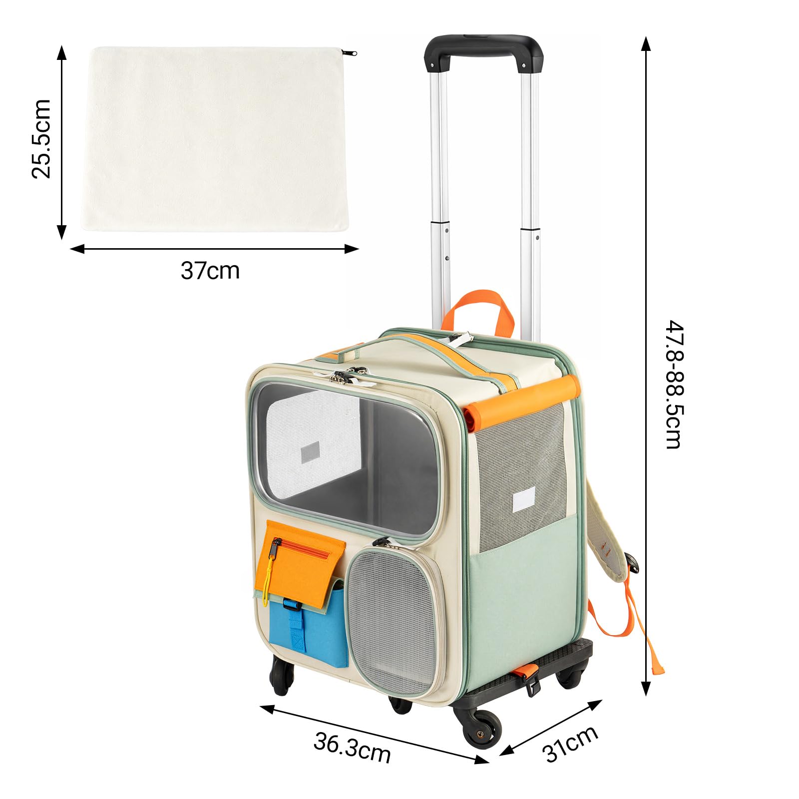 2 in 1 Haustier Rucksack mit Rollen Faltbare Transporttasche für Katze und Hund Trolley Tragetasche aus Oxford Gewebe mit abnehmbarem Teleskopgriff bis 12.5 kg