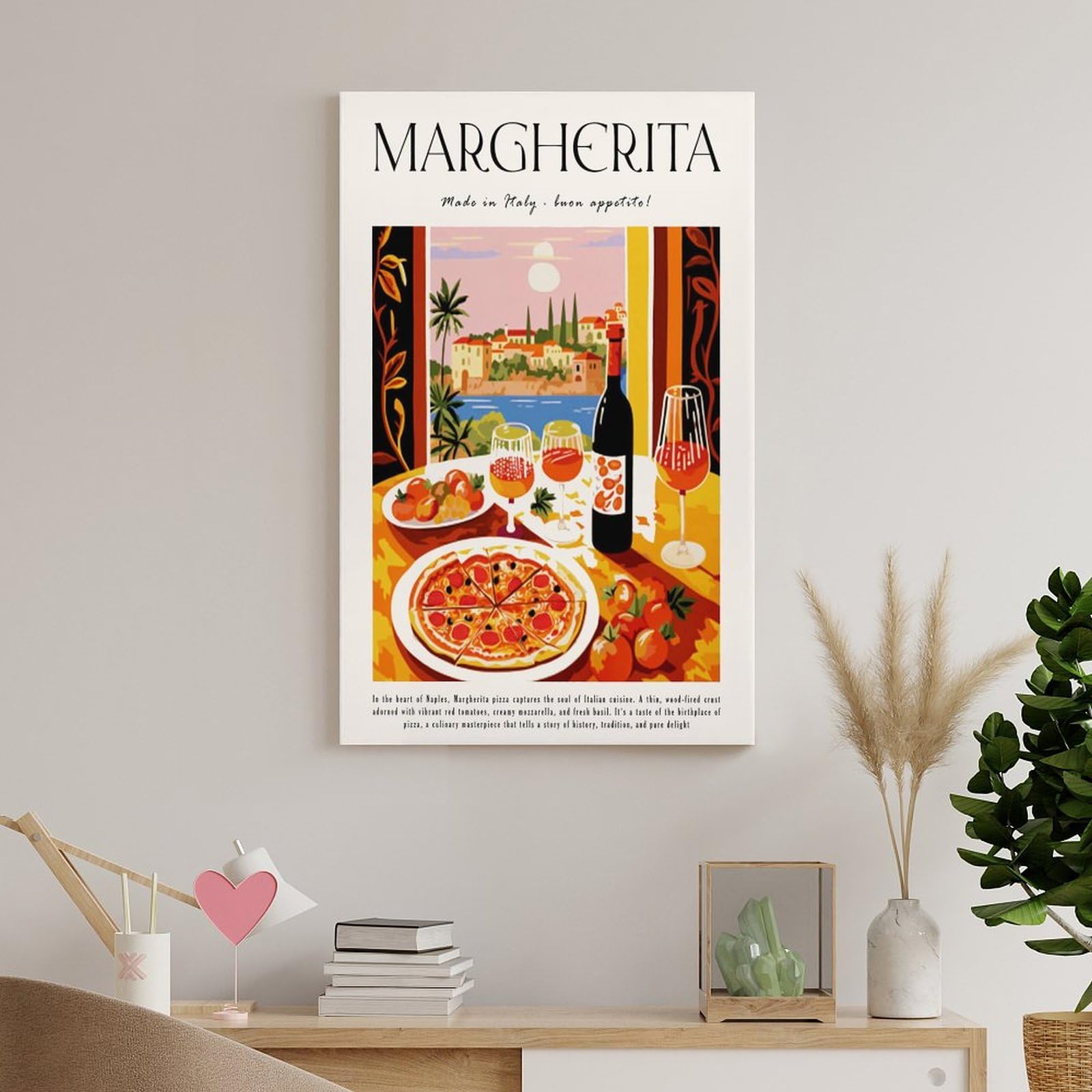 XJRZHLDU Margherita Pizza-Poster, Retro-Restaurant-Poster, italienische Küche, Esszimmer, Poster, 1 Leinwand-Poster, Schlafzimmerdekoration, Landschaft, Büro, Raumdekoration, Geschenk, 50 x 75 cm