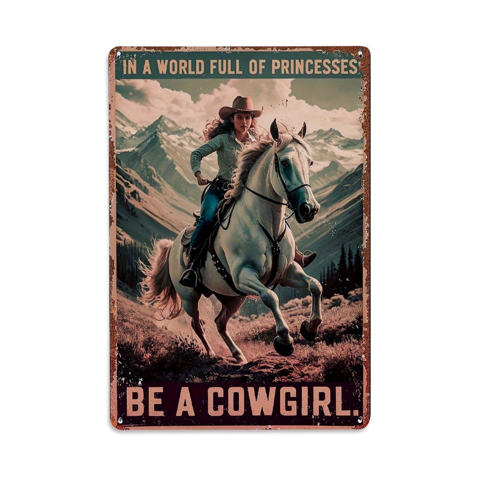 Jdfenggu Vintage Cowgirl Riding Horse Mountain Landscape Retro Metal Tin Sign, Decor Art Poster For Bar, Home, Man Cave, Kitchen, Laundry Room Gift 8X12inch