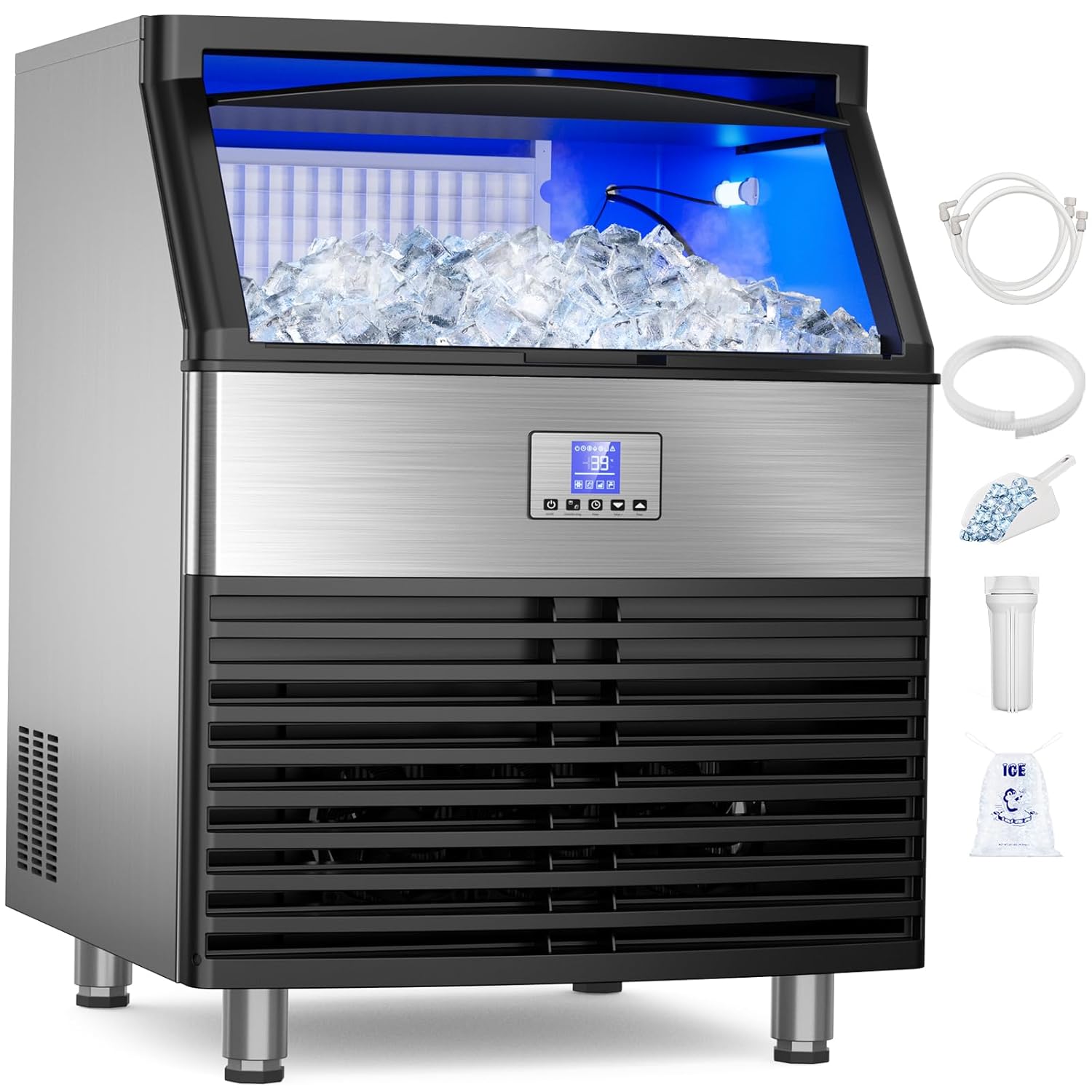 Commercial Ice Maker Machine 450LBS/24H, Under Counter Ice Machine, Upgrade Compressor 120LBS Storage Bin, Stainless Freestanding Commercial Ice Maker for Home Bar Cafe Office