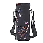 AUPET Water Bottle Sling Bag Carrier Crossbody Sleeve,Insulated Neoprene Bottle Case Holder Pouch Cover 500ML/17oz with Shoulder Strap for Walking Women Men (Blue & Pink Flower)