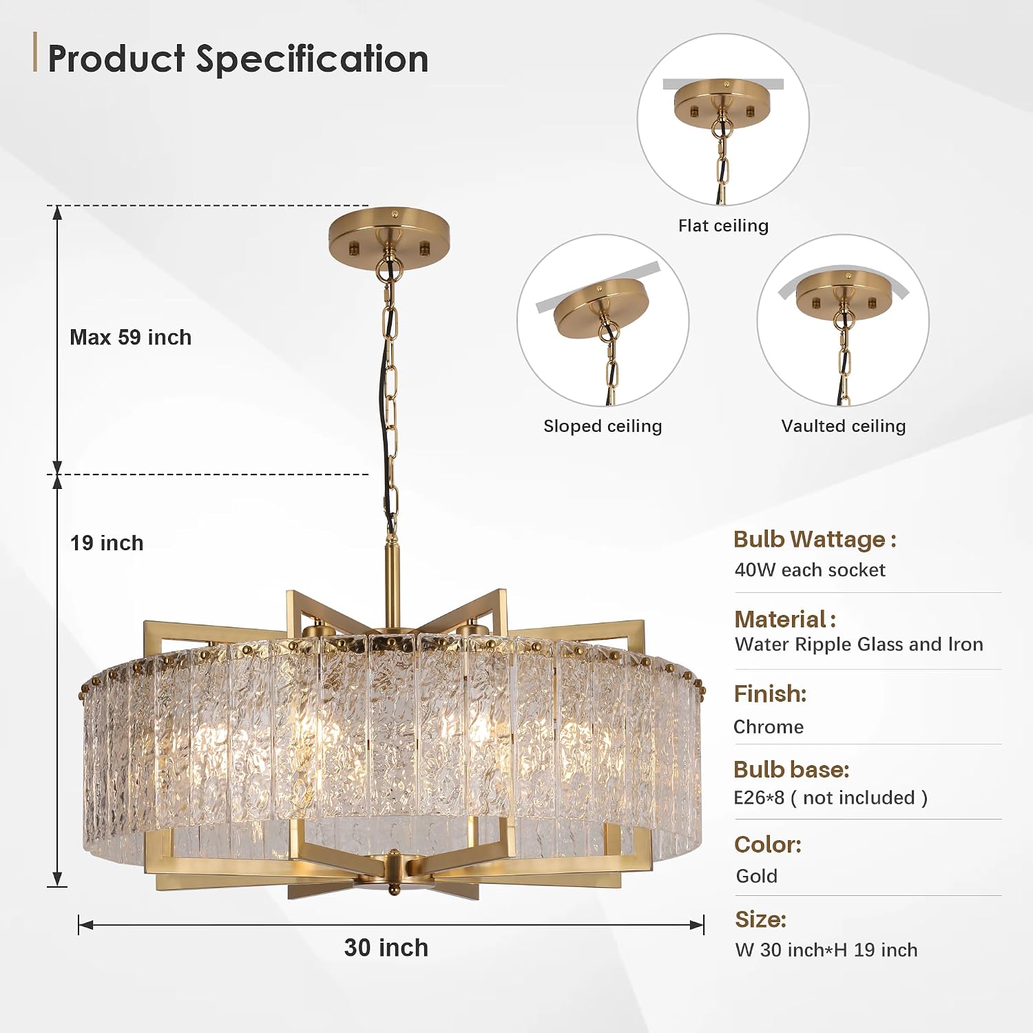 Gold Ceiling Light Fixture with Crystal Chandelier Pendant,30 Inches Large Modern Water Glass Lampshade,Ceiling Mounted with Long Hanging Chain for High/Slope Ceiling Room