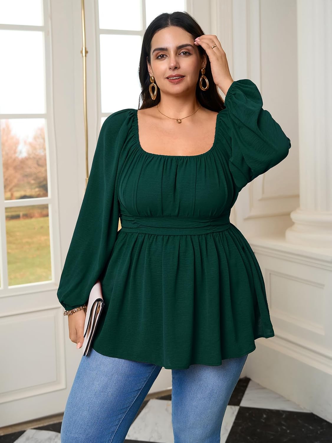Women’s Plus Size Peplum Top Long Sleeve Square Neck Smocked Waist Babydoll Blouse Flowy Dressy Casual Fall Tops - Image 7