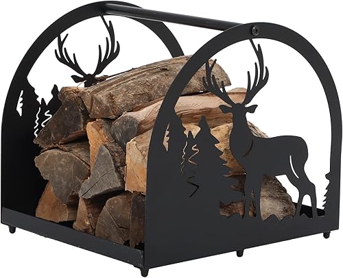 Soporte de leña de Navidad para interiores con chimenea de alce, soporte de troncos para chimenea, soporte de almacenamiento de madera, pequeño