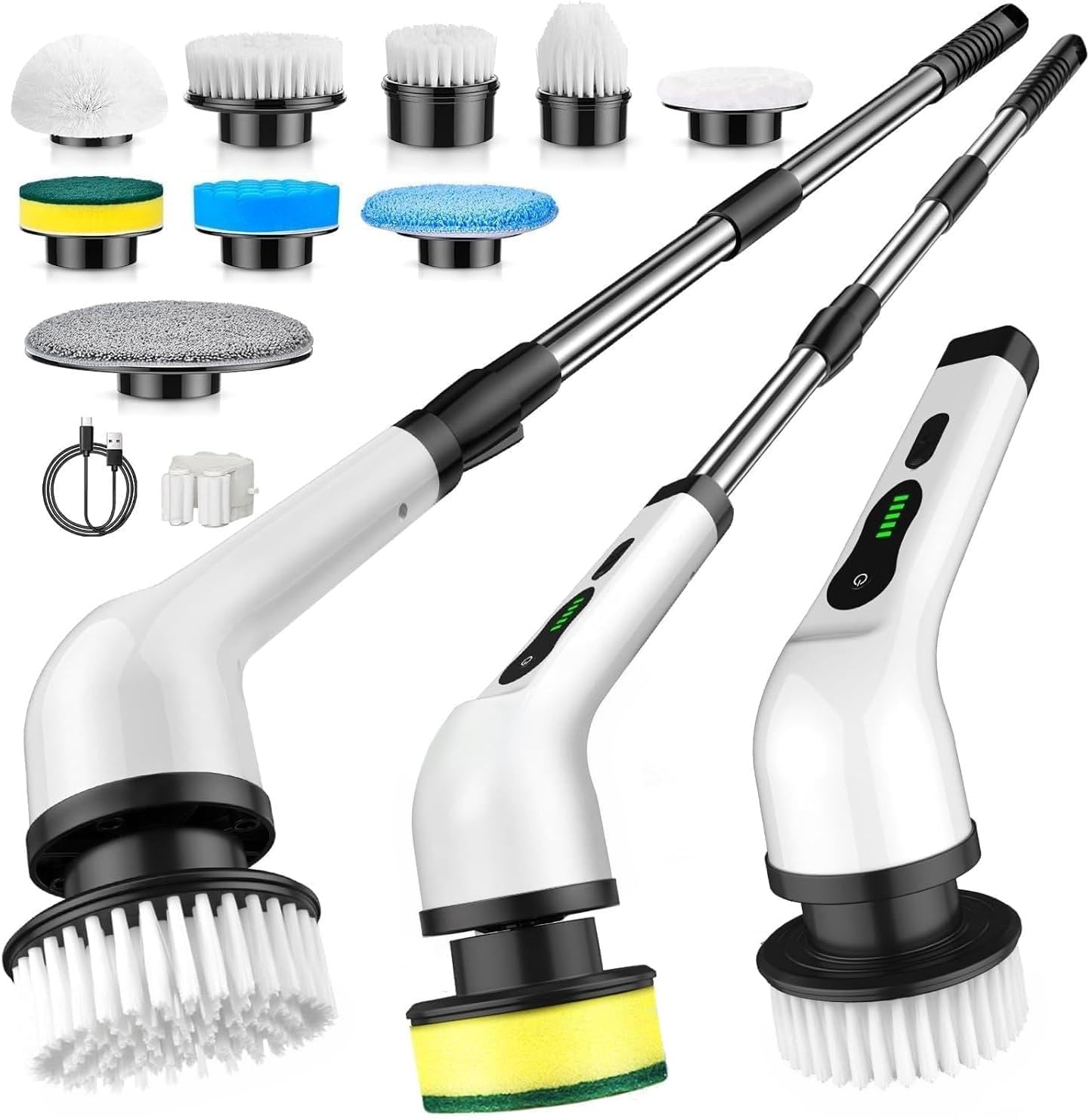 NBONEBS Electric Spin Scrubber, Cordless Kitchen Brushes, Bathroom Shower Cleaner with 9 Brush Heads, 2H Power Dual Speed, Adjustable Extension Handle, IPX7 Waterproof for Cleaning Brush,White-b2