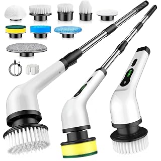 NBONEBS Electric Spin Scrubber, Cordless Kitchen Brushes, Bathroom Shower Cleaner with 9 Brush Heads, 2H Power Dual Speed, Adjustable Extension Handle, IPX7 Waterproof for Cleaning Brush,White-b2 - Amazon product rated Grade A