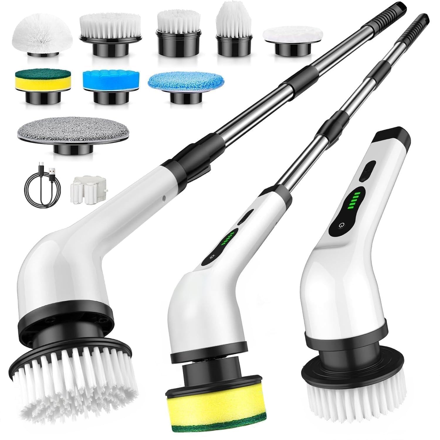 NBONEBS Electric Spin Scrubber, Cordless Kitchen Brushes, Bathroom Shower Cleaner with 9 Brush Heads, 2H Power Dual Speed, Adjustable Extension Handle, IPX7 Waterproof for Cleaning Brush,White-b2
