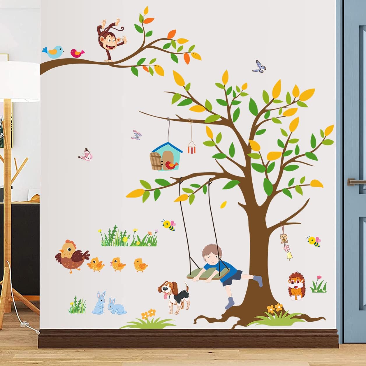 6 Sheets Removable Cartoon Brown Tree Yellow Green Leaves with Animals Wall Stickers Murals DIY Boy Swinging in the Tree Branch Wall Decal for Kids Baby Bedroom Living Room Nursery Classroom