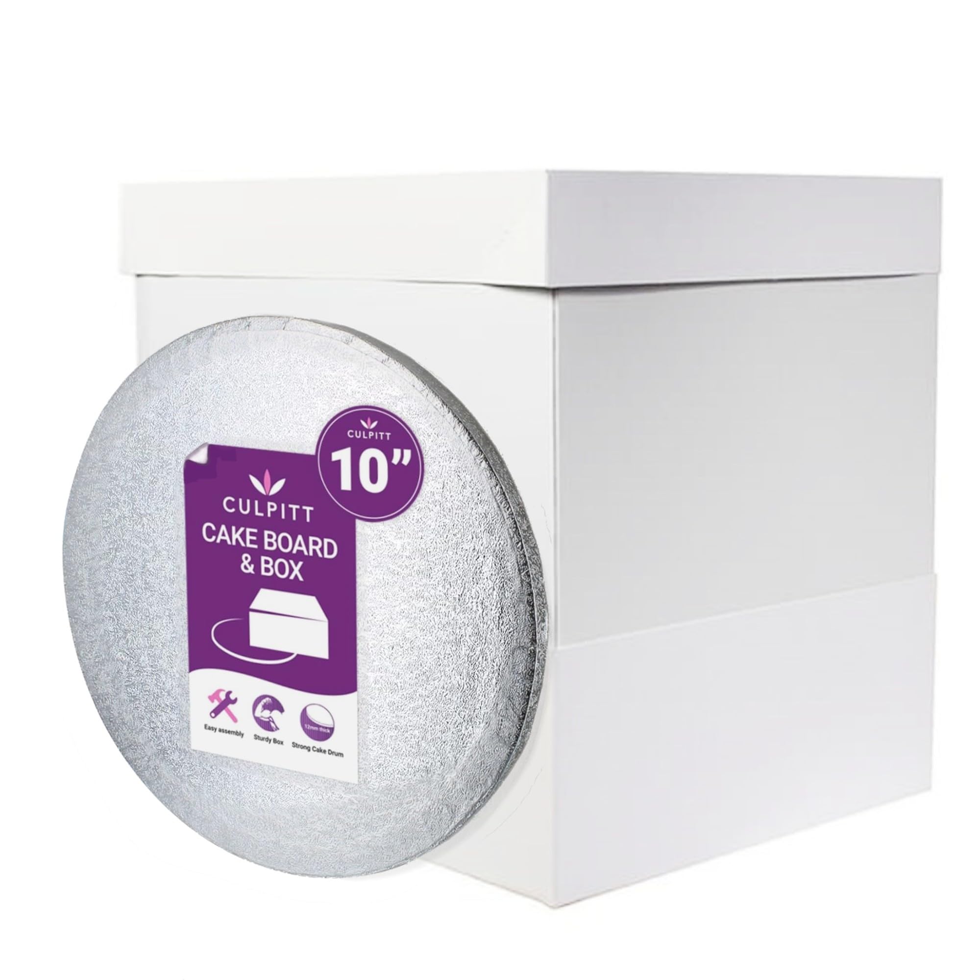 Culpitt 10" Round Silver Cake-Board & Tall White Cake-Box Combo, 10 x 10 x 10 Inch Square Box and Matching Circle Set For Tiered or Decorated Transport — view 12
