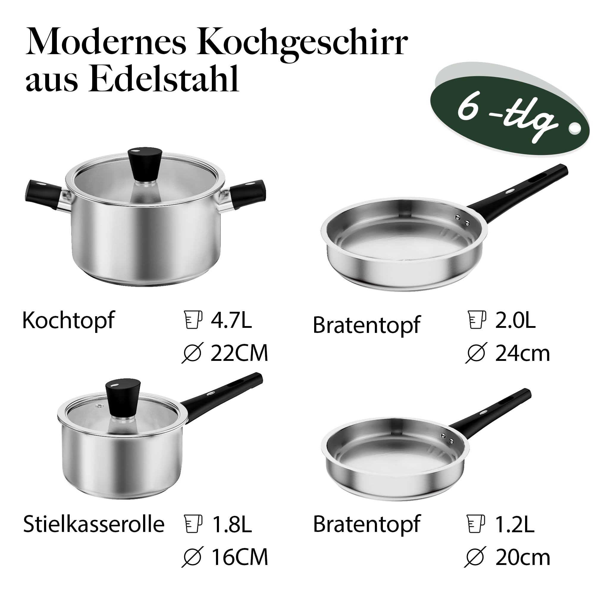 6-Teilig Topfset Pfannenset aus Edelstahl Induktions Töpfe Set Kochtopf Set mit Deckel vielseitig Topf und Pfannenset für Alle Herdarten spülmaschinenfest unbeschichtet Kochtopfset für gesundes Kochen