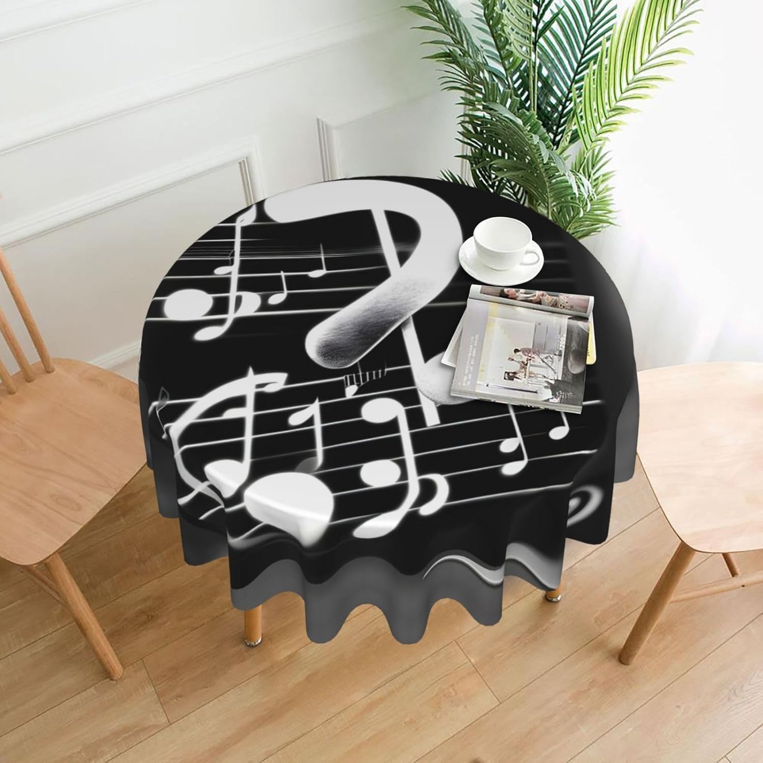 Black White Music Note Print Wrinkle Free Dining Table Cover for Birthday Party Farmhouse Tablecloths Up to 60 x 60 Inches