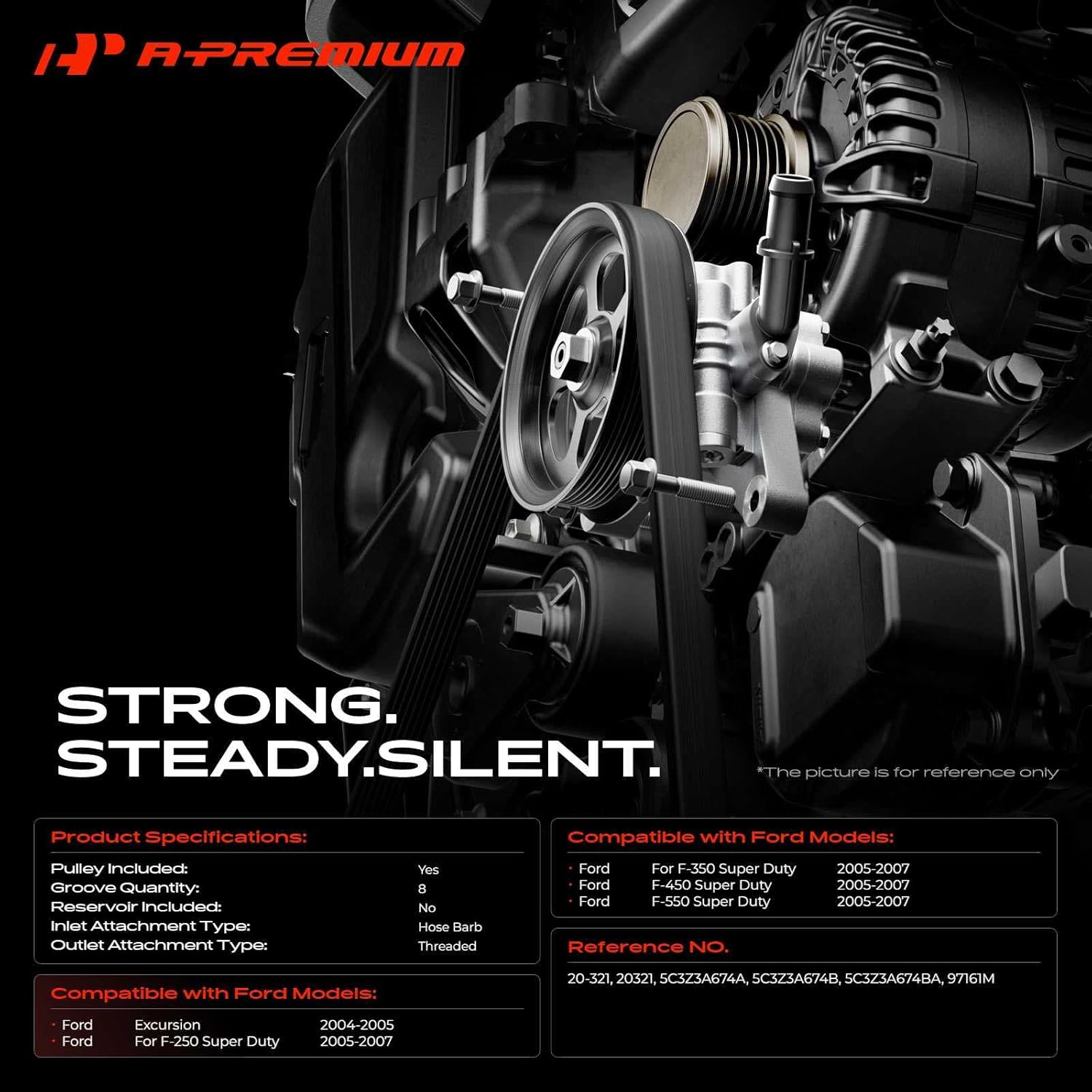 A-Premium Power Steering Pump, with Pulley, Compatible with Ford F-250 F-350 F-450 F-550 Super Duty 2005-2007, Excursion 2004-2005