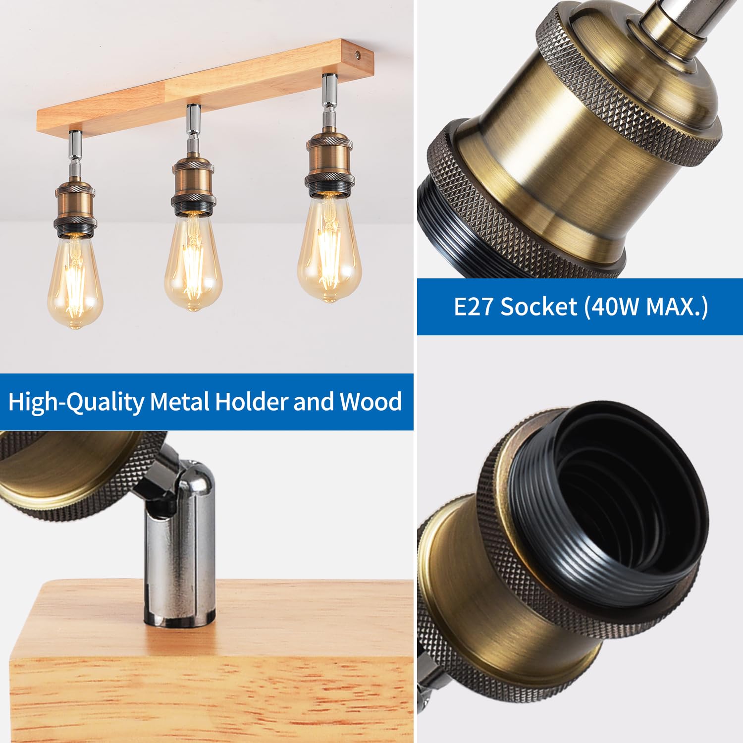 ANWIO Lámpara de Techo Retro, 3 Vías, Luces de Techo para Dormitorio, Cocina y Sala con Bases E27, Ajustable, Bronce, 40W, 1080 Lumen, LED, Blanco