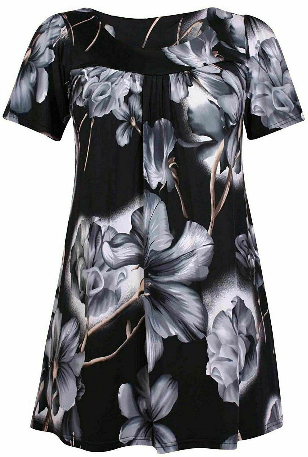 Wearall Women's Grey Floral Floral Print Short Sleeves Stretch Round Scoop Neckline Long Smock Tunic T-Shirt Top Plus Size 20
