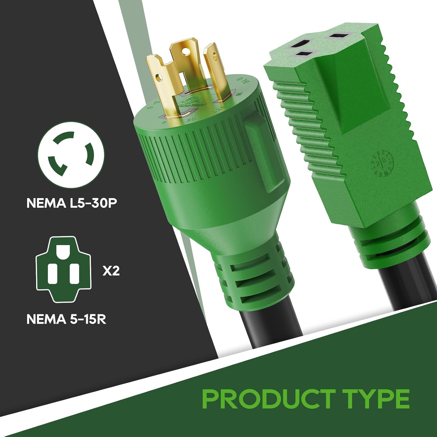 RVGUARD Generator Splitter NEMA L5-30P to 2X 5-15R 3 Prong 30 Amp to 15 Amp Generator Y Adapter, 30 AMP to 110 Adapter Splitter