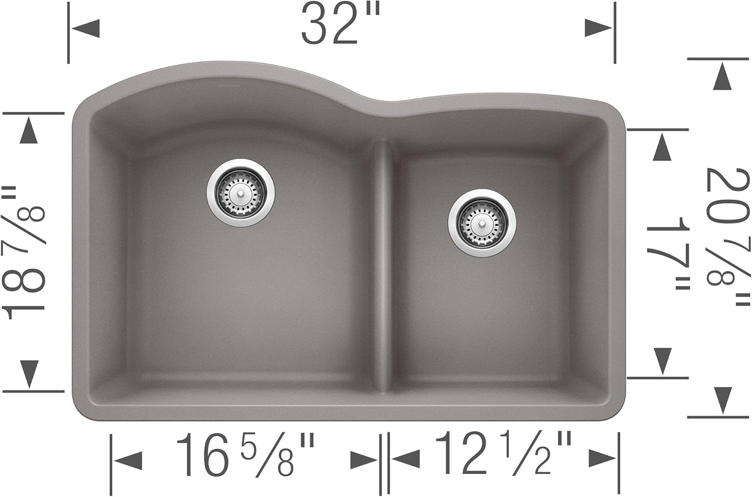 80% оƒƒ Dіѕсоunt BLANCO, Metallic Gray 441592 DIAMOND SILGRANIT 60/40 Double Bowl with Low Divide Undermount Kitchen Sink, 32 X 21