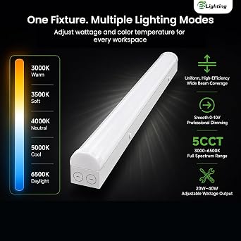 E2 LIGHTING 4ft LED Linear Shop Light | 40W Dimmable LED Light Fixture | 5CCT Tunable Lighting | Emergency Battery Backup 90 Min | Energy Saving Indoor Linear Light for Warehouse Garage Workshop