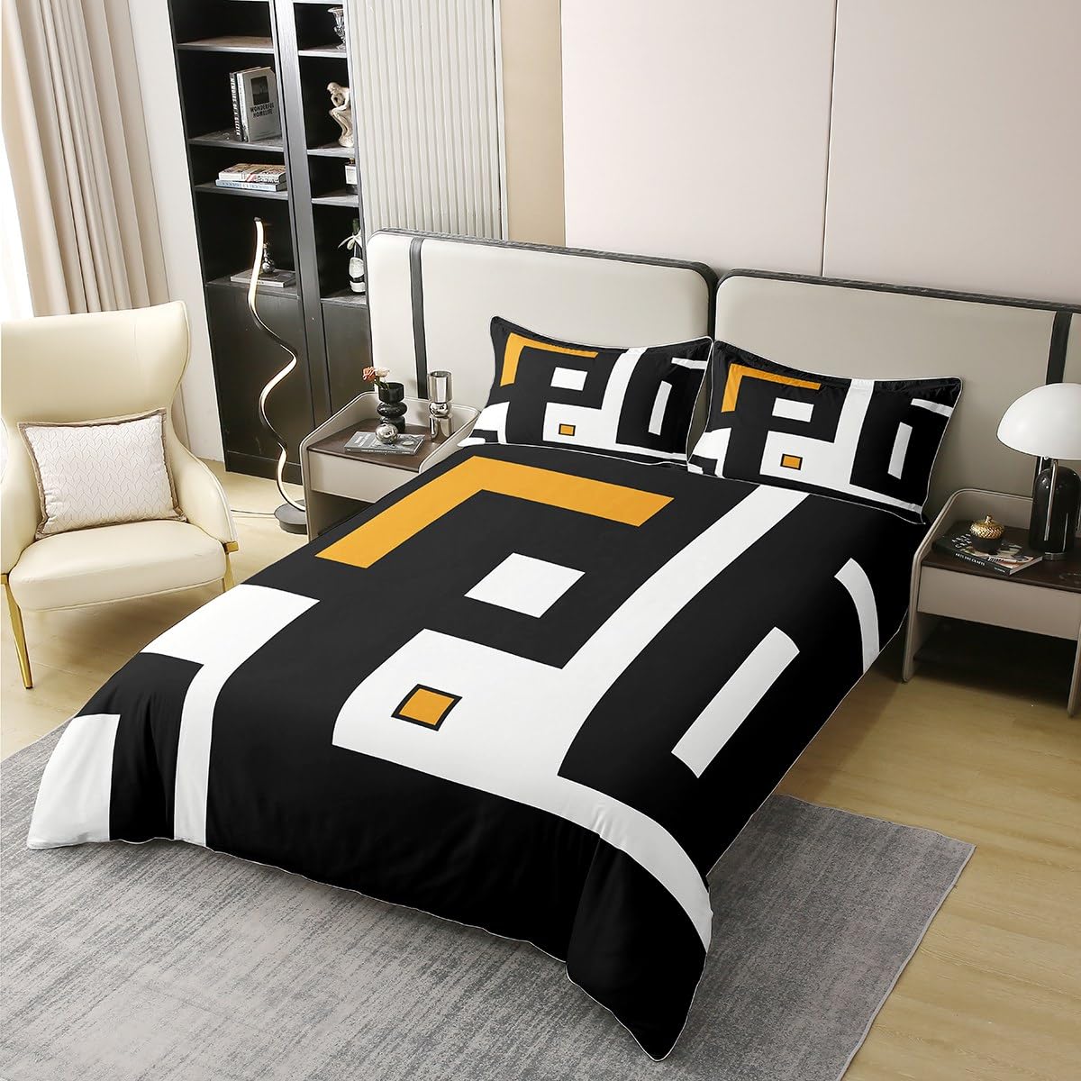Geometric Bedding,Modern Stripes Square Grid 100% Cotton Duvet Cover King,Black White Orange Graphic Comforter Cover for Kids Boys Girls Abstract Creative Art Bed Sets with 2 Pillowcases - Image 2